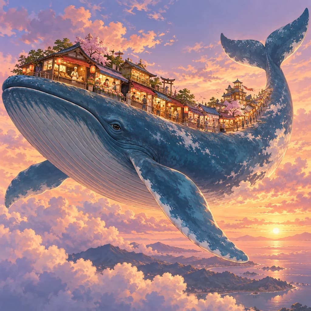 空を泳ぐ巨大なクジラの背中に小さな屋根の商店街が広がるAI生成の作例